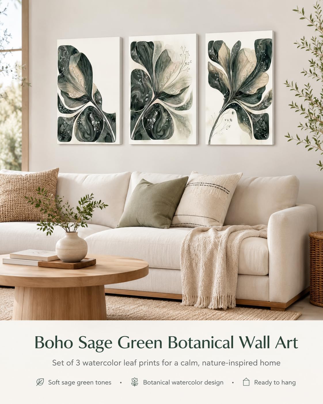 3 Pcs Boho Sage Green Botanical Wall Art