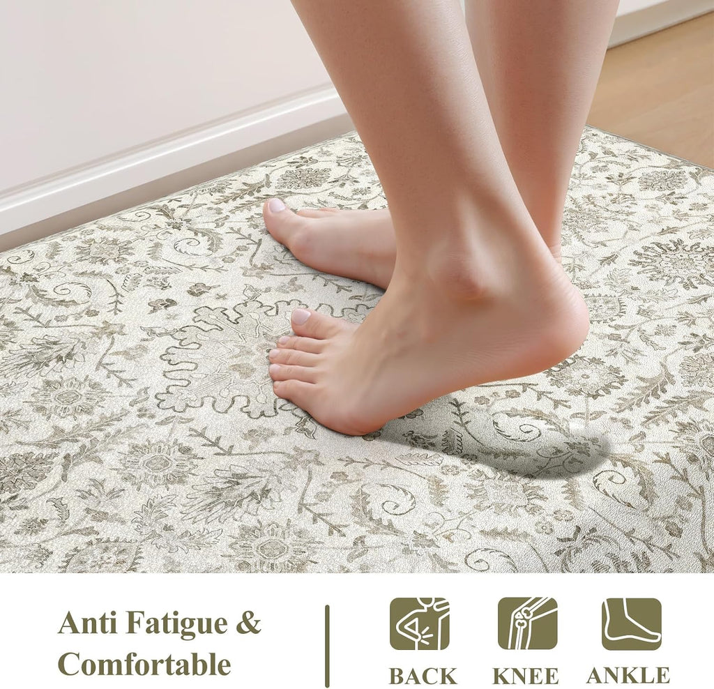 Beige Floral Anti Fatigue Kitchen Mats 2 Pack