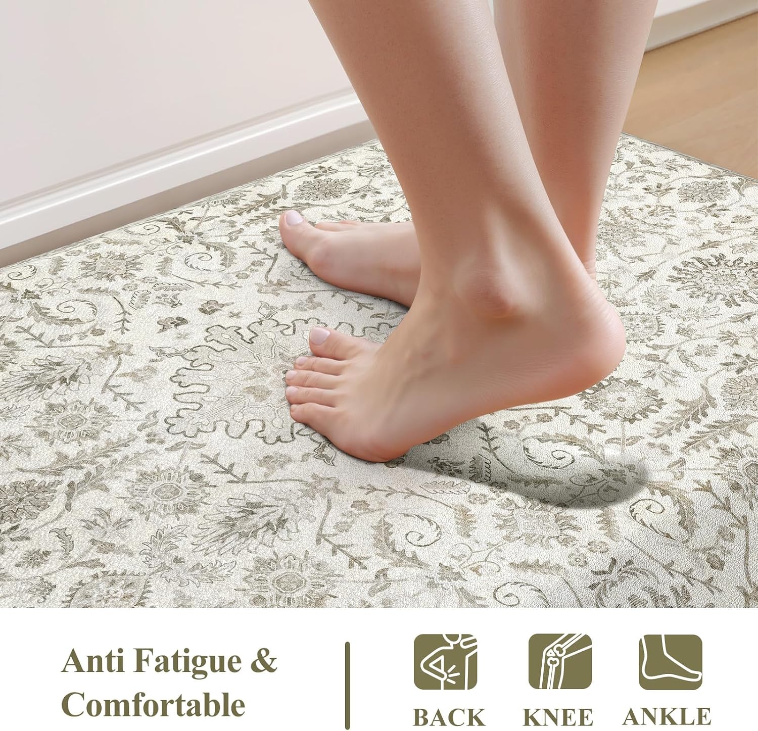 Beige Floral Anti Fatigue Kitchen Mats 2 Pack