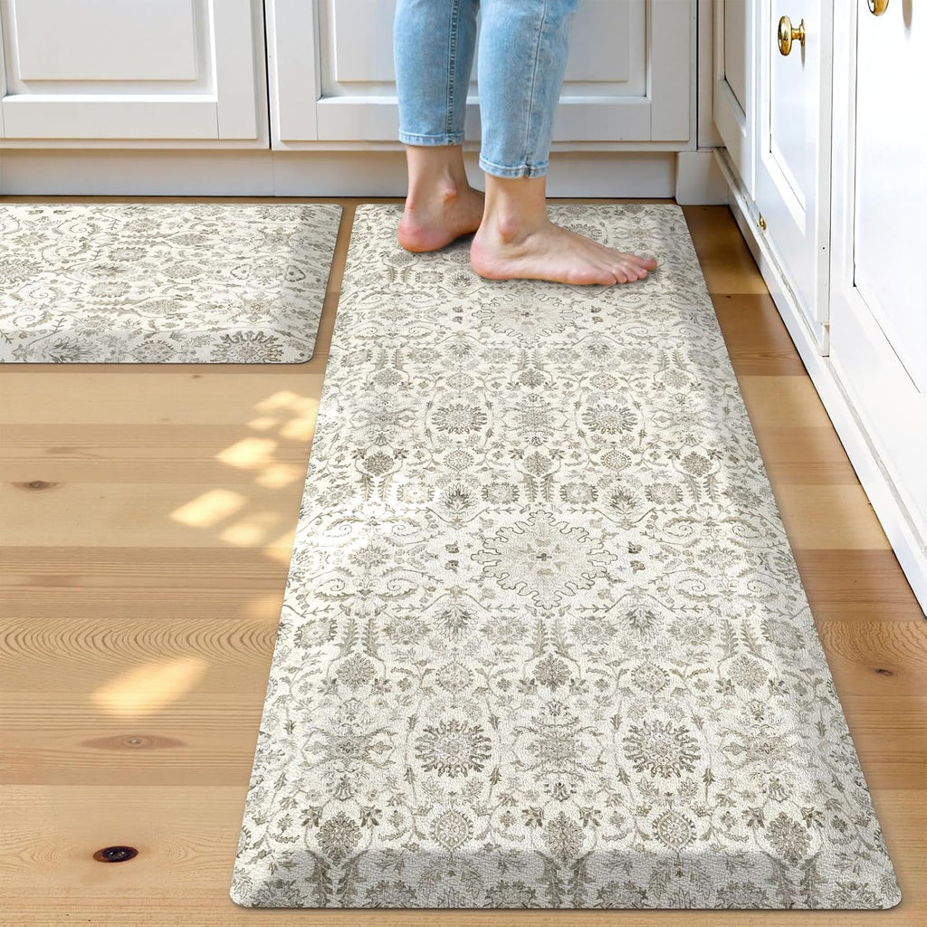 Beige Floral Anti Fatigue Kitchen Mats 2 Pack