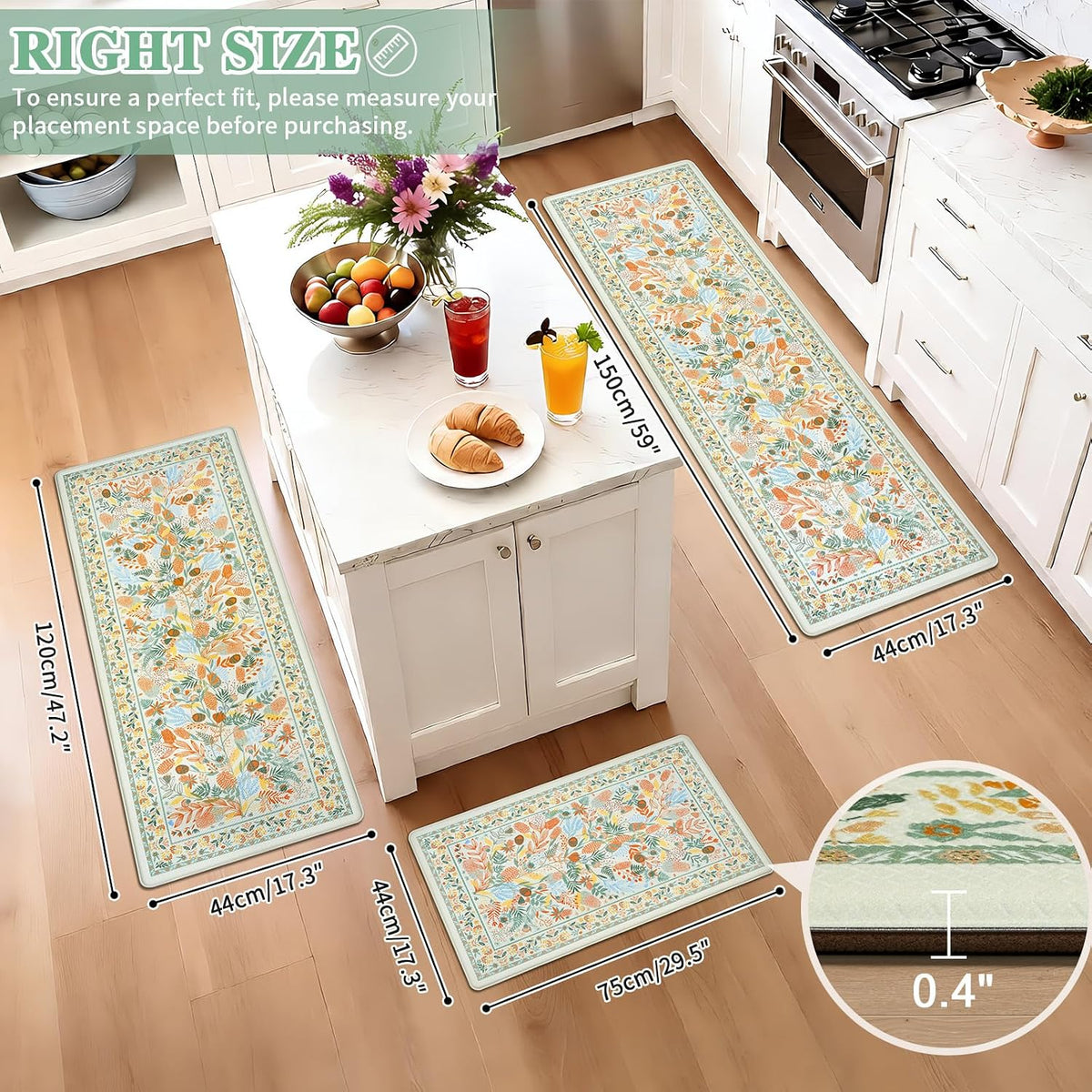 Vintage Floral Anti Fatigue Kitchen Rugs 3 Pack
