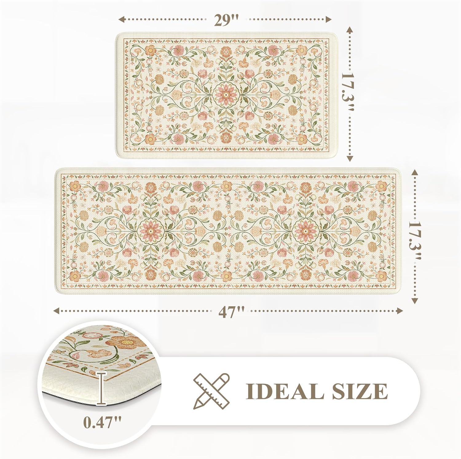 Boho Floral Anti Fatigue Kitchen Rugs 2 Pack
