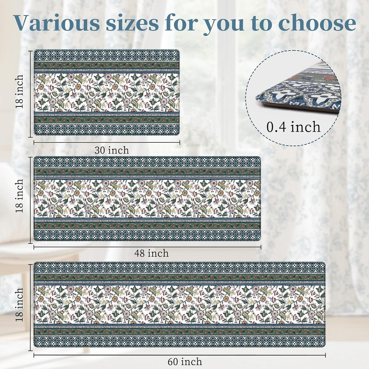 Boho Floral Anti Fatigue Kitchen Mats Set